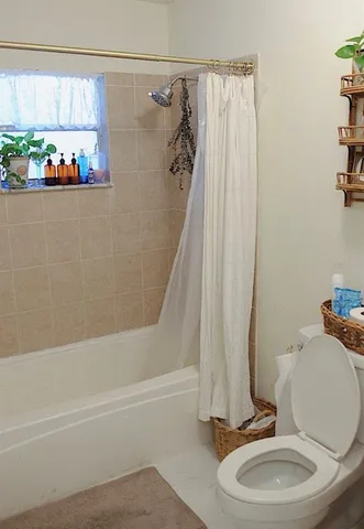 a bathroom with a toilet and a tub