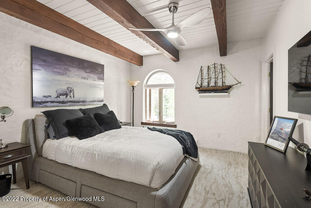 2459 Emma Road Basalt, CO 81621 - Photo 18 of 31 a bedroom with a large bed and a chandelier