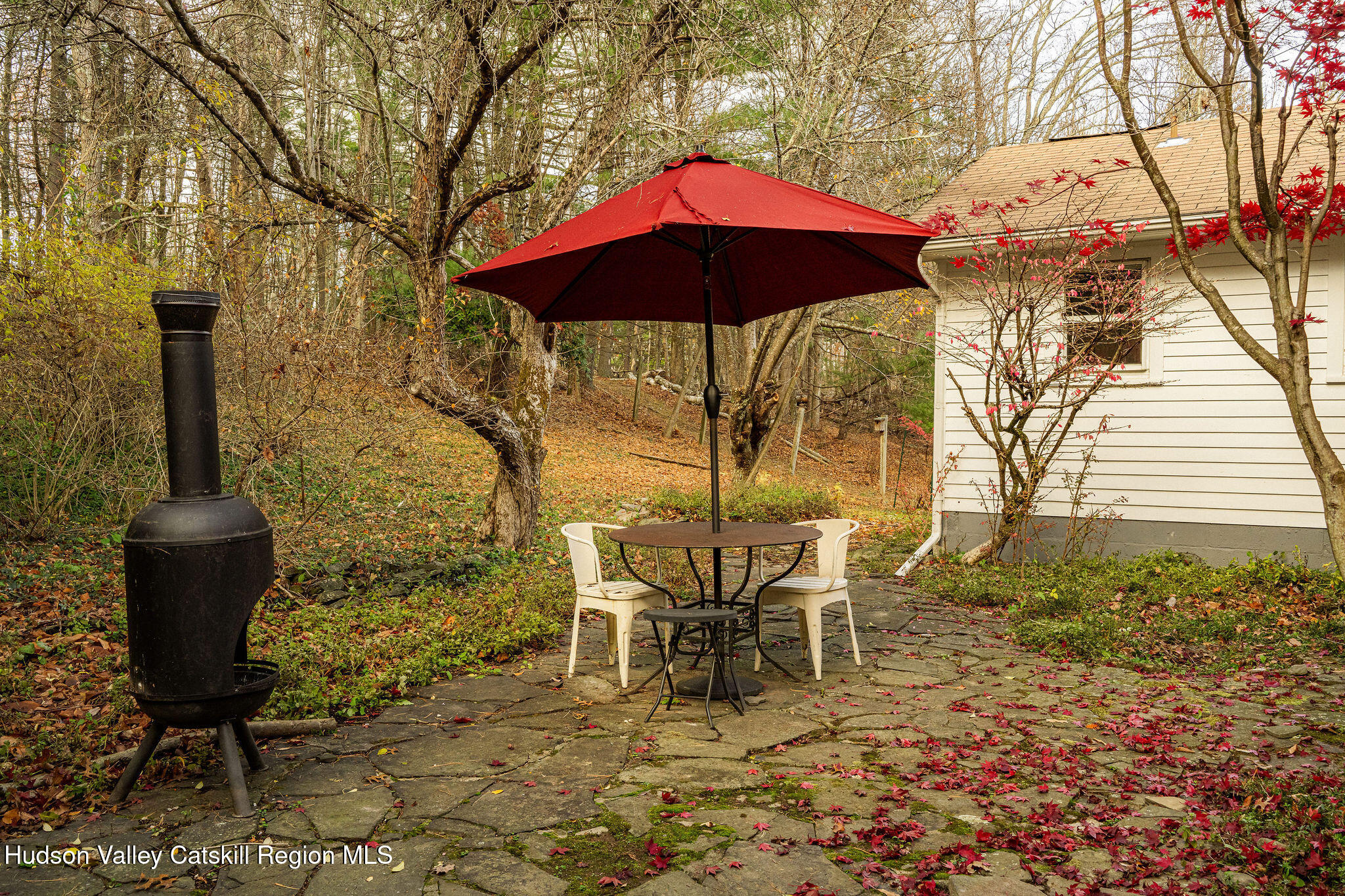 845-849 Peak Road Stone Ridge, NY 12484 - Photo 18 of 50 a view of a chairs and table under an umbrella in backyard