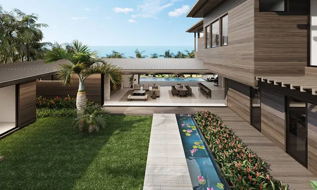 a balcony with furniture and a garden