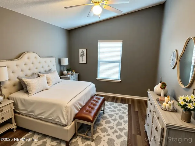 a bedroom with a bed and a fireplace