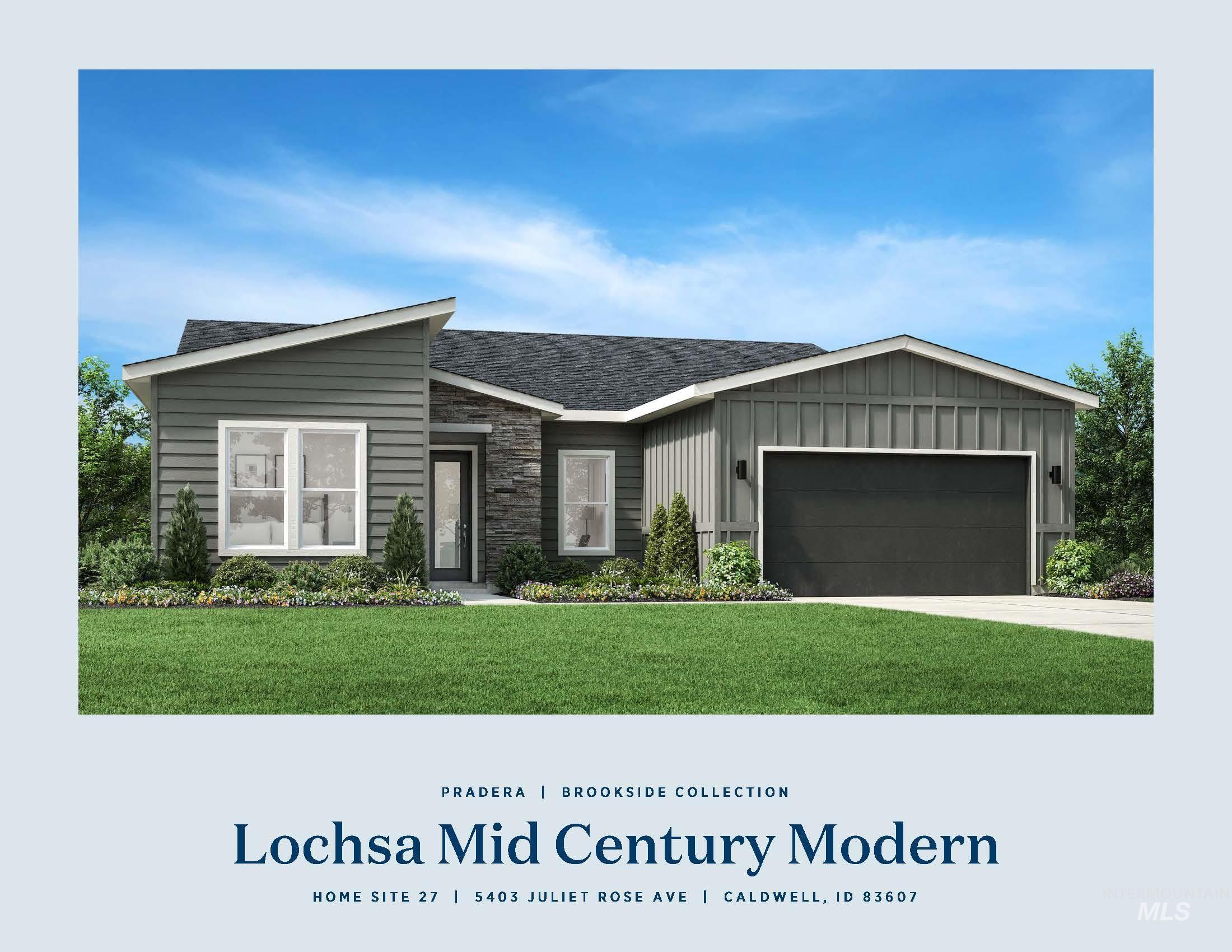 5403 Juliet Rose Avenue Caldwell, ID 83607 - Photo 13 of 22 Modern single-story exterior featuring a prominent two-car garage, varied gray siding, a stone accent facade, and a sloped roofline