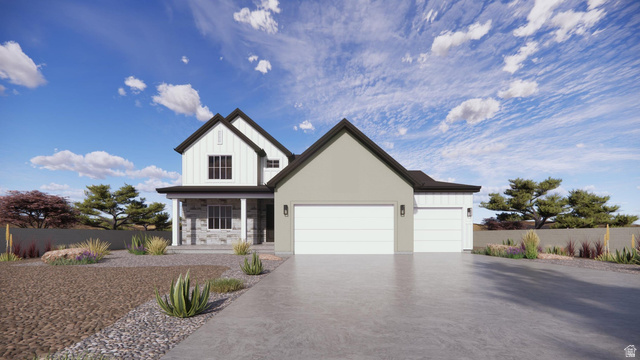 Contemporary two-story residence featuring a board and batten facade, stone accents, a covered entry porch with white columns, and an attached three-car garage