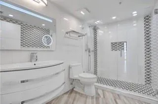 a bathroom with a sink a toilet and a shower