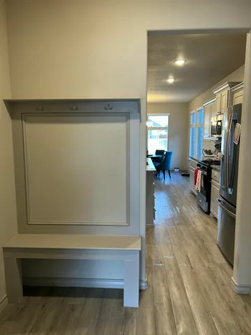 a view of a living room and bathroom