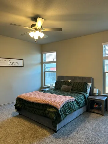 a bedroom with a bed and a ceiling fan
