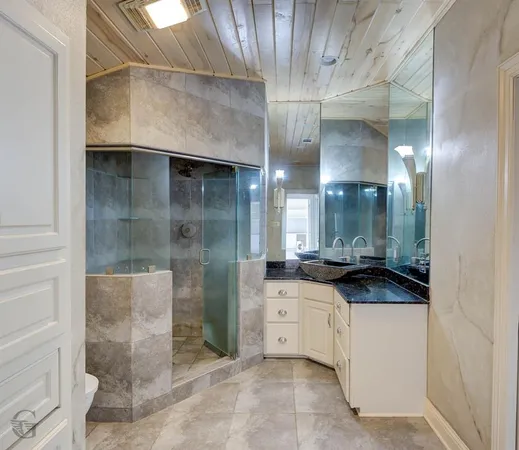 a bathroom with a granite countertop sink a mirror and a shower