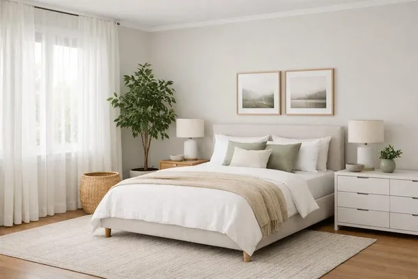 a bedroom with a bed and a potted plant