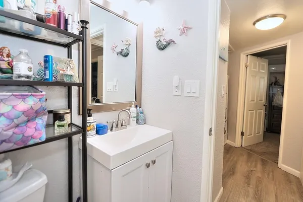 a bathroom with a sink vanity and a mirror