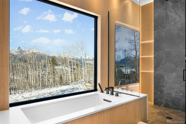 a bathroom with a bathtub and shower