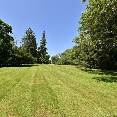 a view of a field with trees in the background