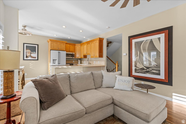 7824 South Sequoia Tree Lane Sandy, UT 84094 - Photo 8 of 43 Living room with light wood-style flooring, recessed lighting, and a ceiling fan