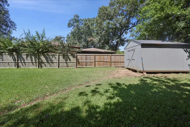 a view of backyard with large trees and plants