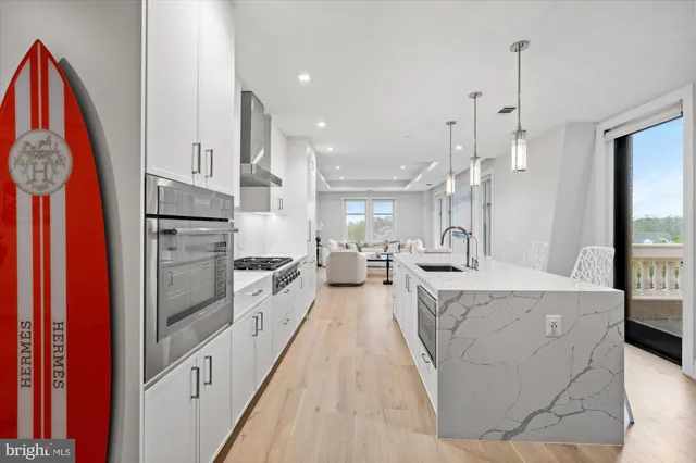 a large white kitchen with stainless steel appliances