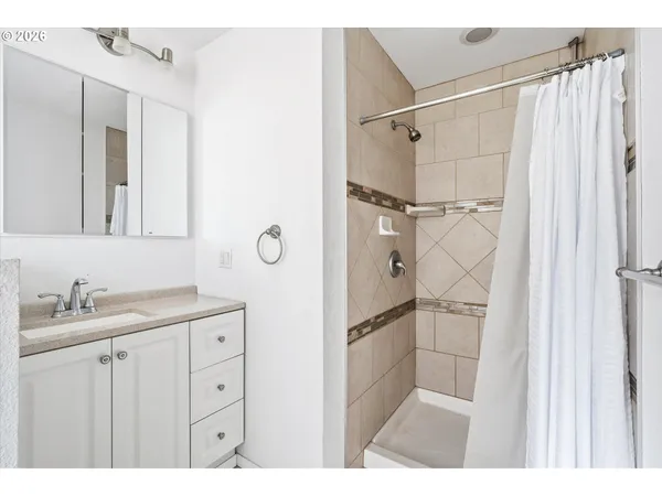 a bathroom with a granite countertop sink mirror and a shower