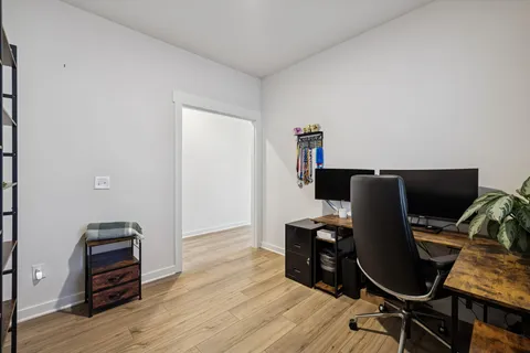 a view of a dining room with furniture