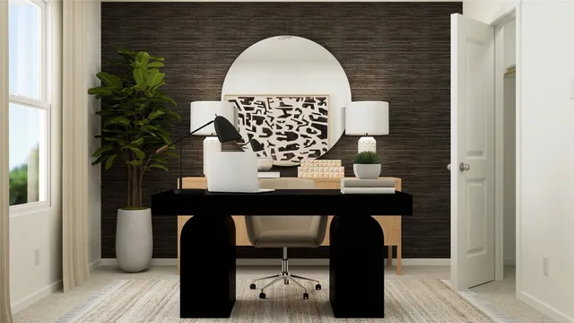 a living room with a table and a potted plant