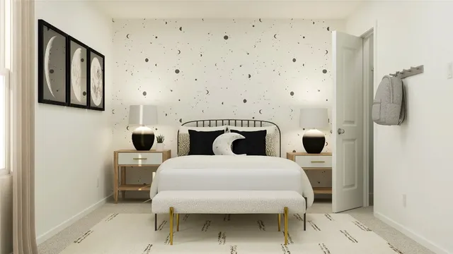 a living room with furniture a rug and a table