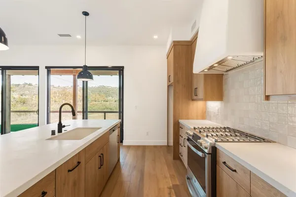 a kitchen with a sink and a wooden floor