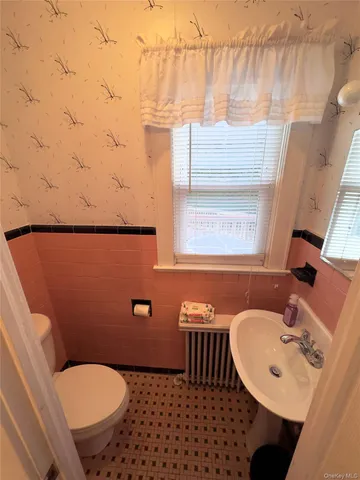 a bathroom with a sink toilet and mirror