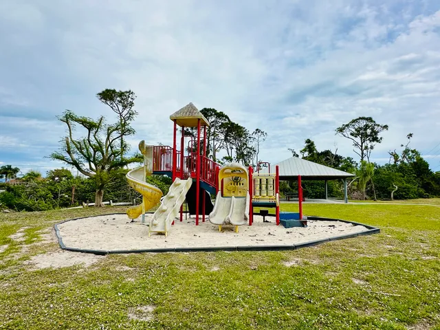 a view of a park with swings and slides