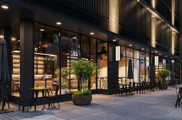 a building exterior with furniture and a large window