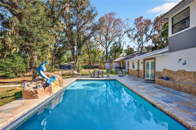 a view of a swimming pool with lounge chair