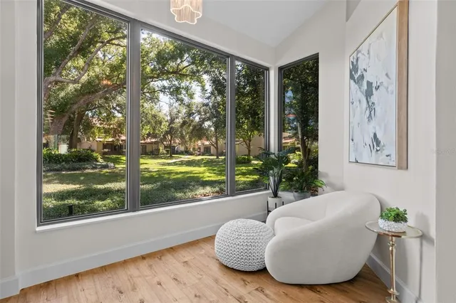 a living room with large windows and a potted plant