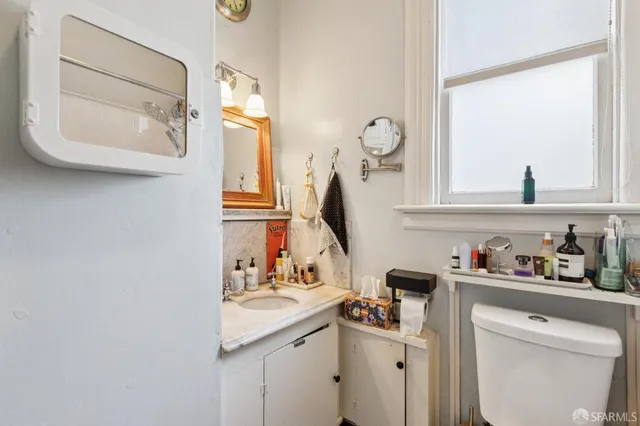 a view of a dining room with furniture