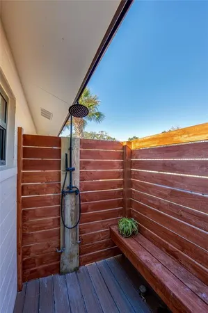 a view of outdoor space with deck and wooden floor