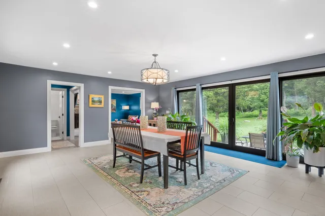 a view of a dining room with furniture window and outside view