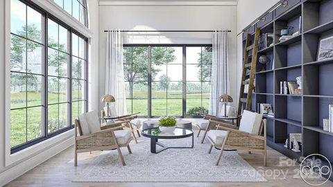 a bedroom with a bed a lamp and a large window