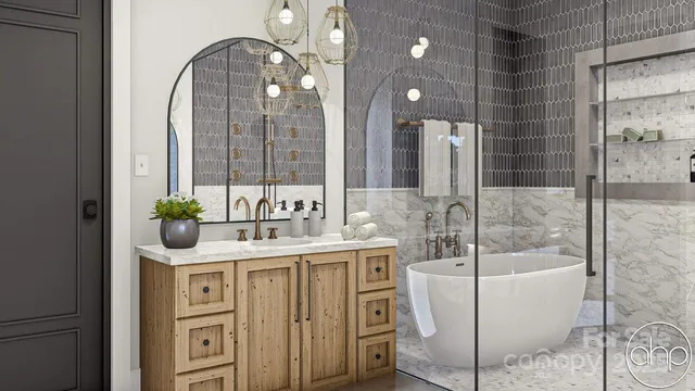 a bathroom with a granite countertop sink a large mirror and a shower