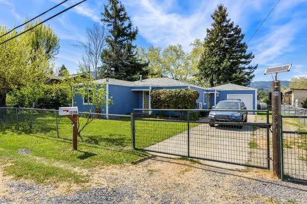 a view of house with swimming pool and yard