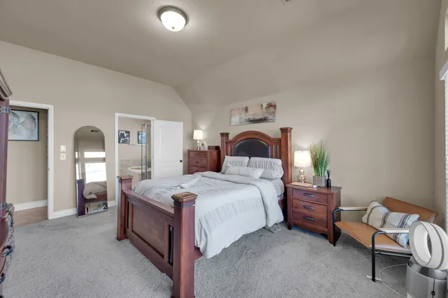 a bedroom with a bed and a desk