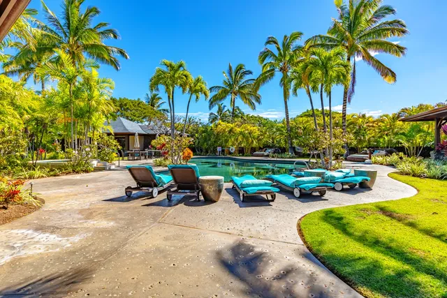 a view of a swimming pool with a yard