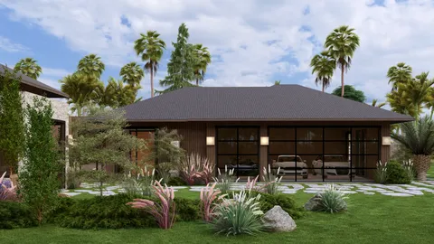 a garden view with a seating space