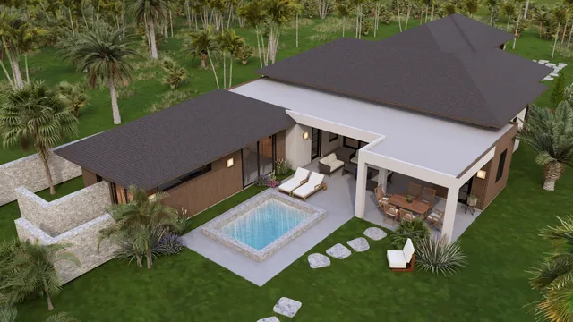 a view of a house with porch and garden