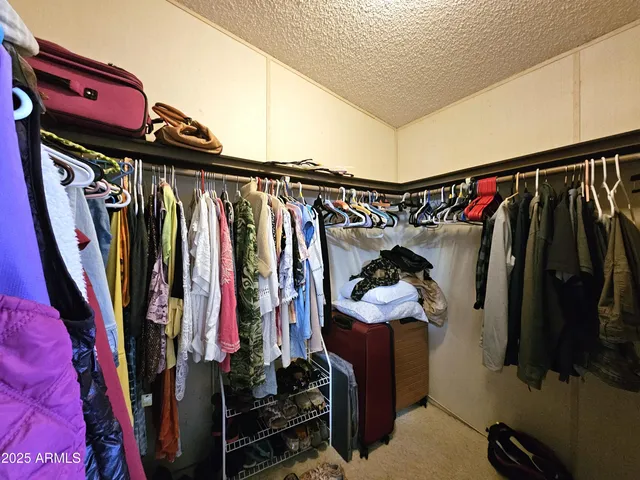 a view of walk in closet with clothes and shoes