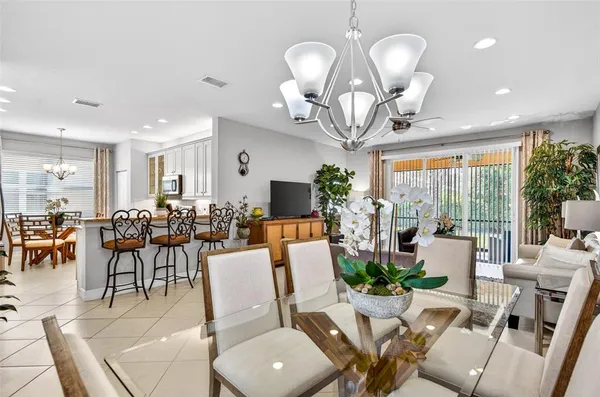 a view of a dining room with furniture wooden floor and chandelier