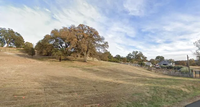 a view of dirt field with trees around