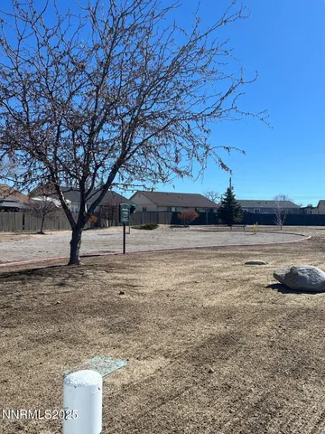 a view of a field with trees in background