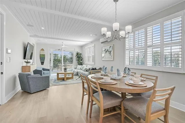 a view of a dining room with furniture wooden floor and chandelier