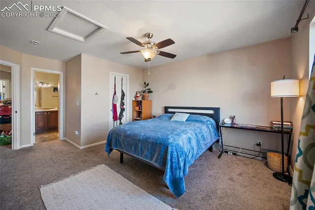 a bed room with a bed and a ceiling fan