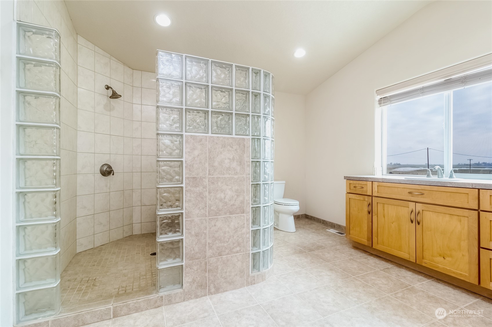 266 Thurber Road Touchet, WA 99360 - Photo 30 of 39 a bathroom with a granite countertop sink a toilet and shower