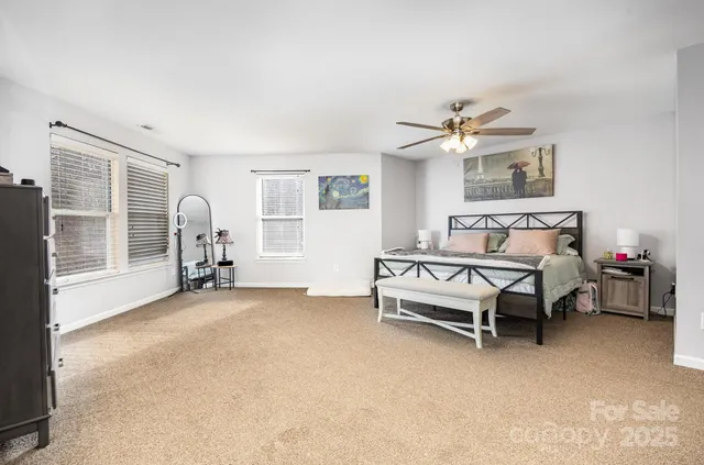 a bedroom with furniture and a ceiling fan