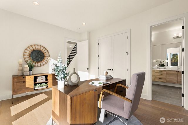 a view of a dining room with furniture