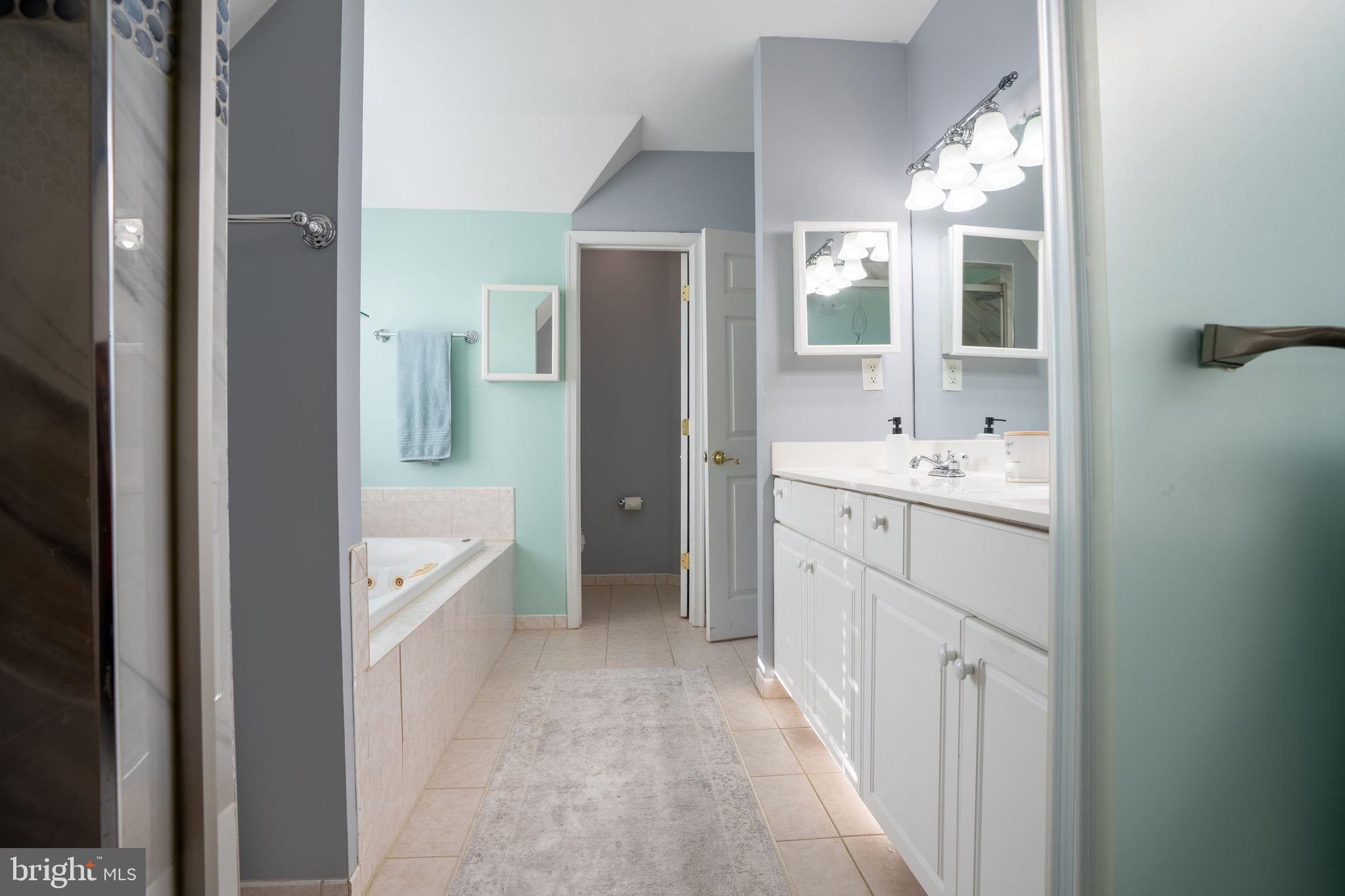 25325 Woodfield Road Damascus, MD 20872 - Photo 42 of 58 a spacious bathroom with a double vanity sink a mirror and a bathtub