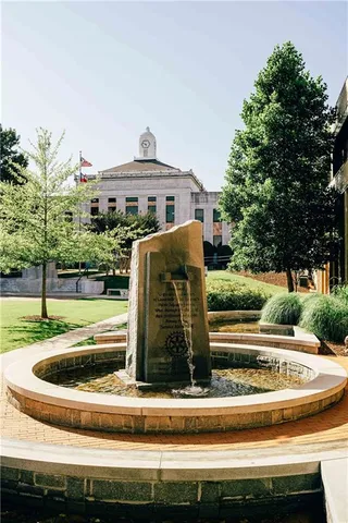 a view of a yard with plants and trees