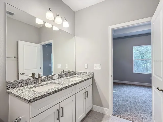 a bathroom with a sink a vanity and a mirror